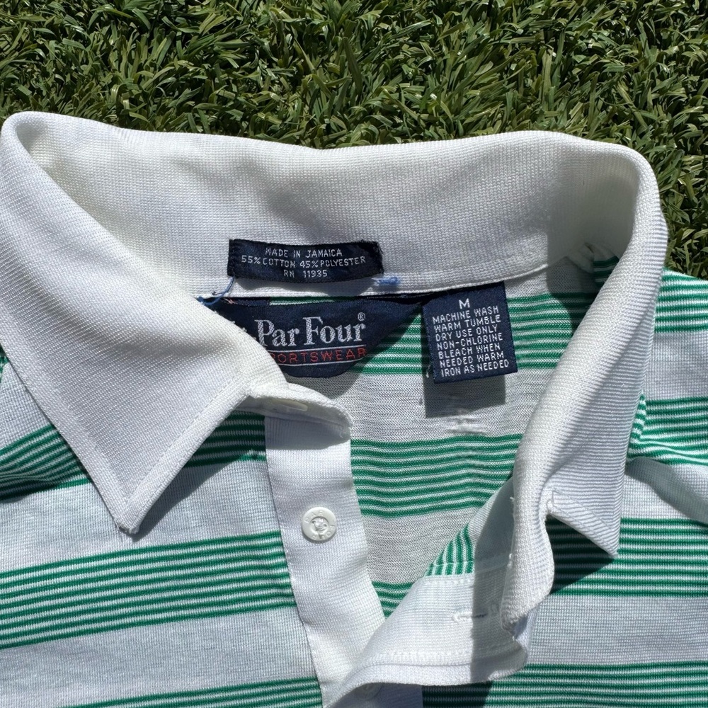 Vintage Men’s Green and White Striped Polo Shirt - Picture 4 of 4